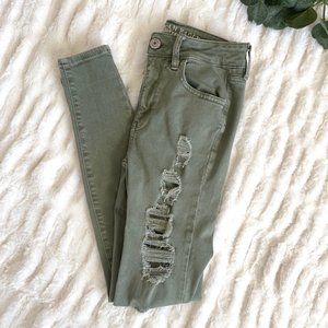 American Eagle Green High Rise Super Stretch X Disressed Jegging Jeans, Sz 4